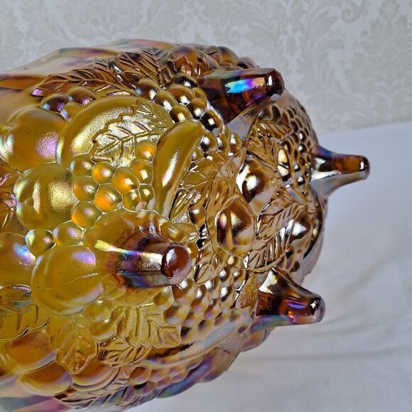Indiana Glass Amber Carnival Glass Oval Footed Fruit Bowl Embossed Vintage - Picture 9 of 11